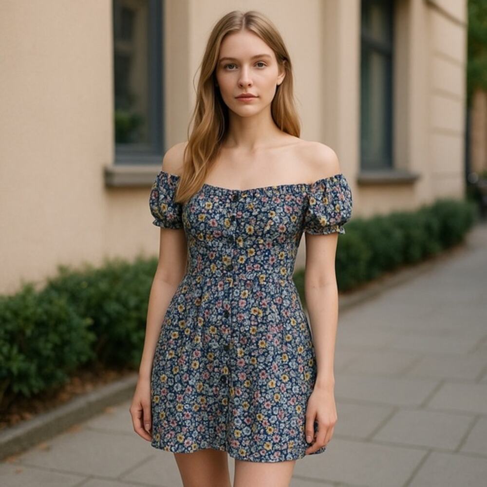 Speechless Womens Dress Sz M Blue Off Shoulder Floral Button Down‎ the Front Y2K